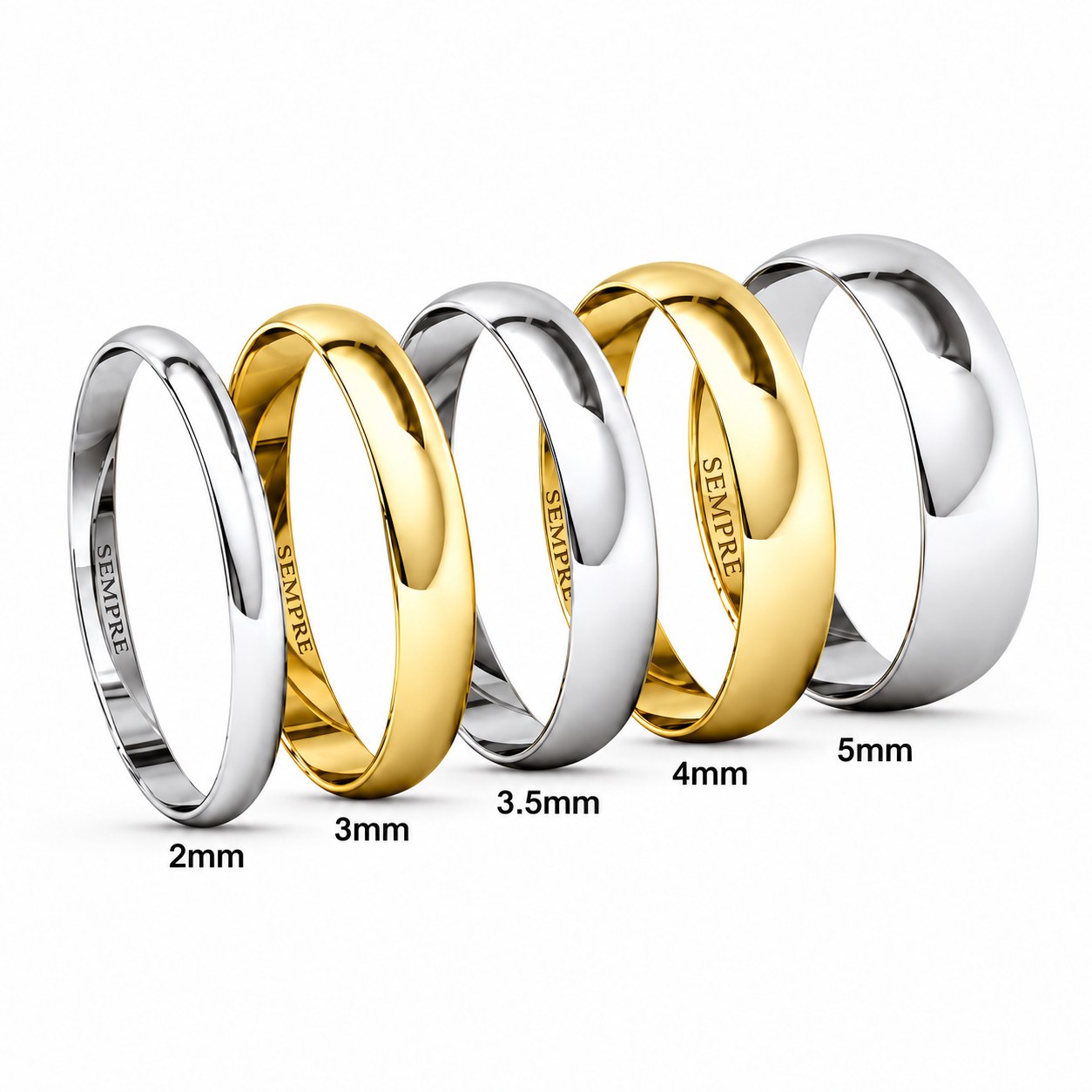 Alianzas de oro blanco y amarillo con grabado SEMPRE en anchos de 2 a 5 mm